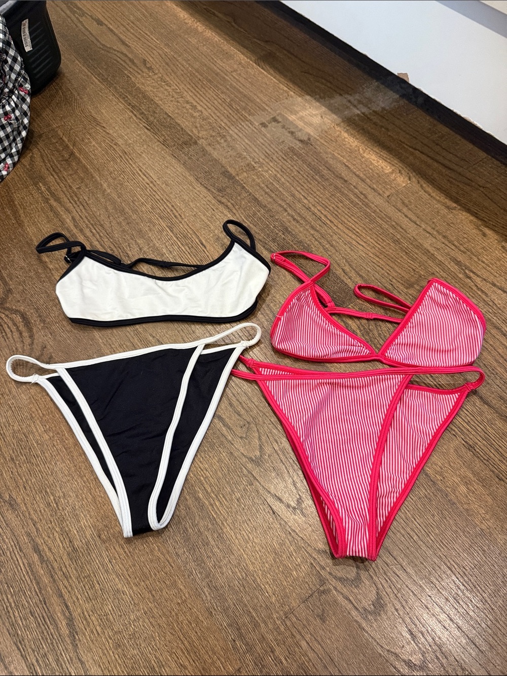 Two-Piece Black & White Bikini Set and Pink Striped Triangle Bikini - Women Swim